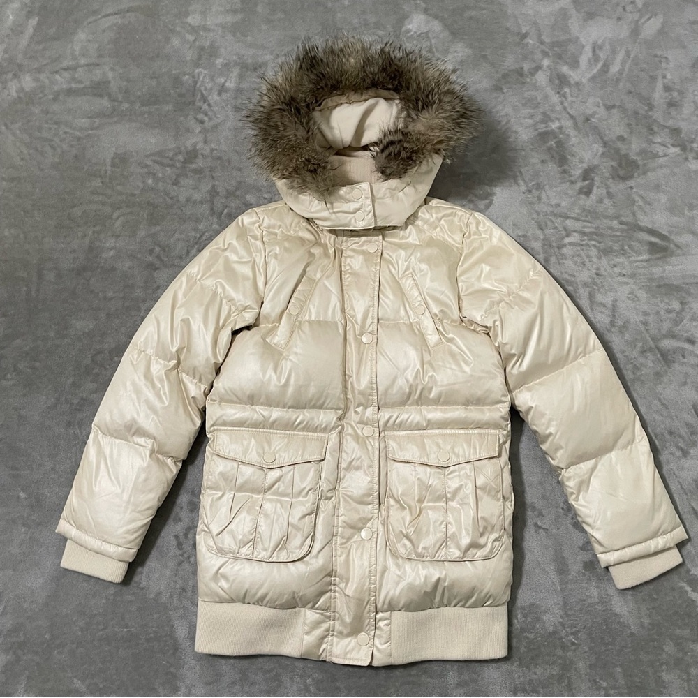 GAP Kids Girls Ivory Puffer Down Jacket Faux Fur Hood Size XXL 14-16